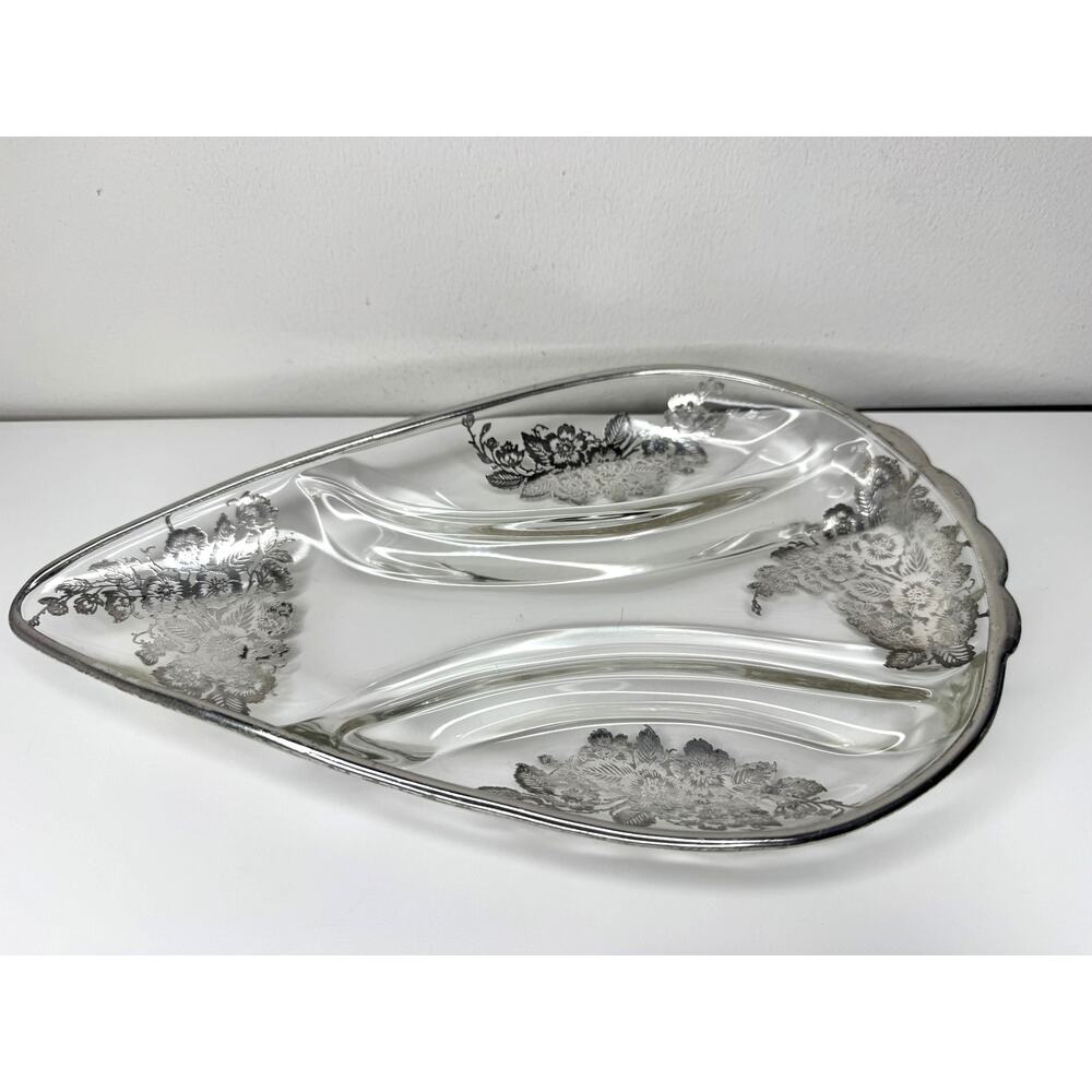 Vintage Clear Glass Divided Serving Tray Silver Floral Overlay Platter Dish